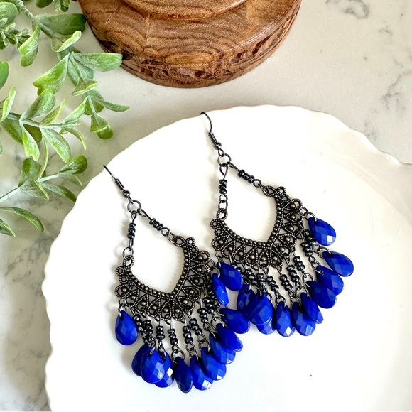Jewelry - Bohemian Blue Bead Chandelier Earrings Dangle Antiqued Silver Boho Gift NEW